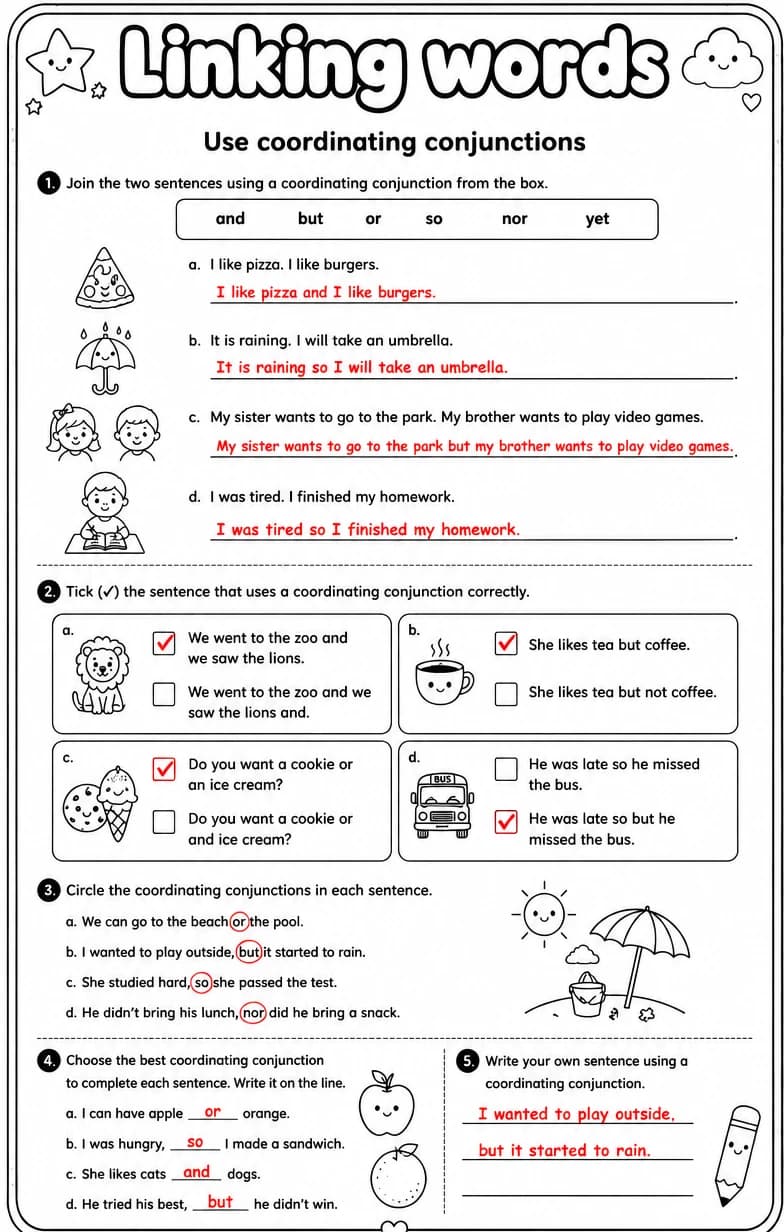 Answer key for Use coordinating conjunctions — free printable English & Reading worksheet