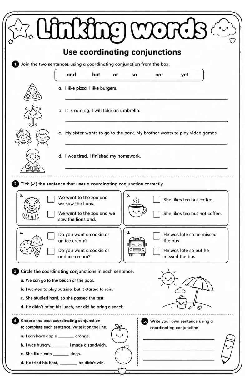 Use coordinating conjunctions — free printable Grade 4 English & Reading worksheet