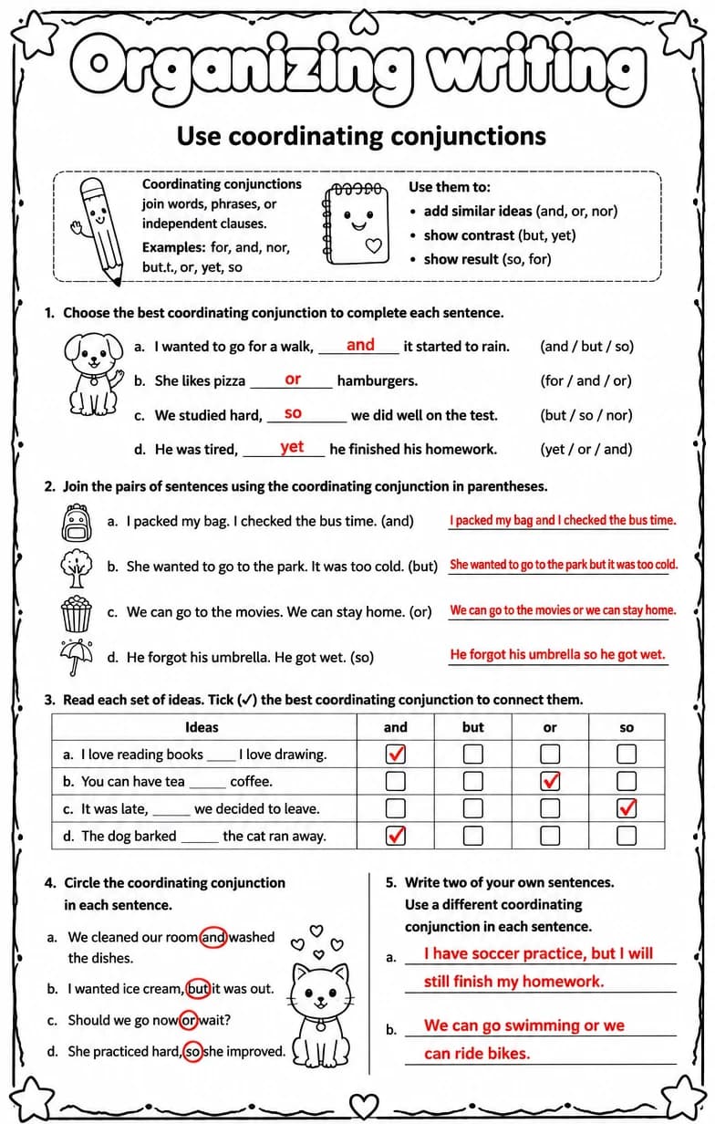 Answer key for Use coordinating conjunctions — free printable English & Reading worksheet