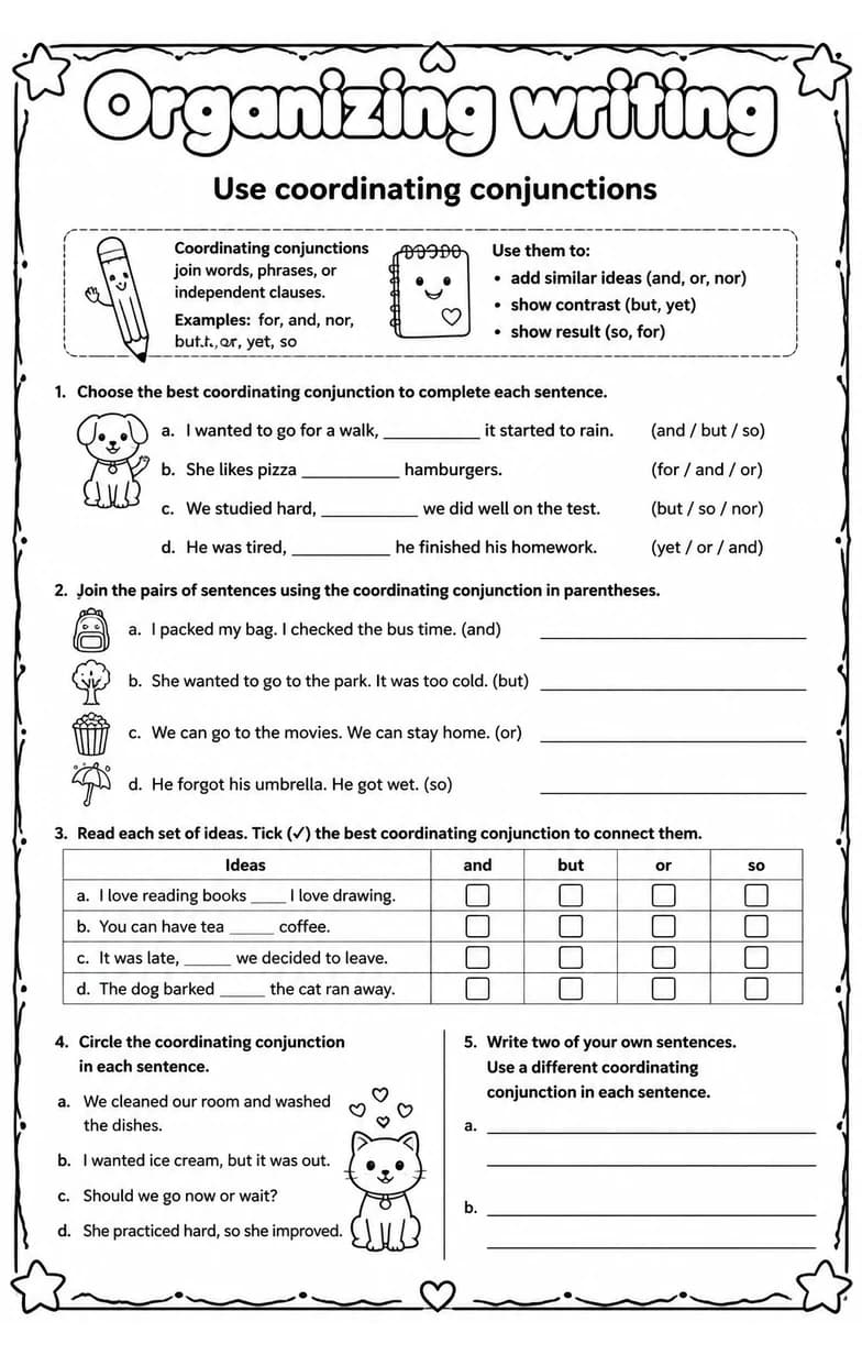 Use coordinating conjunctions — free printable Writing strategies English worksheet