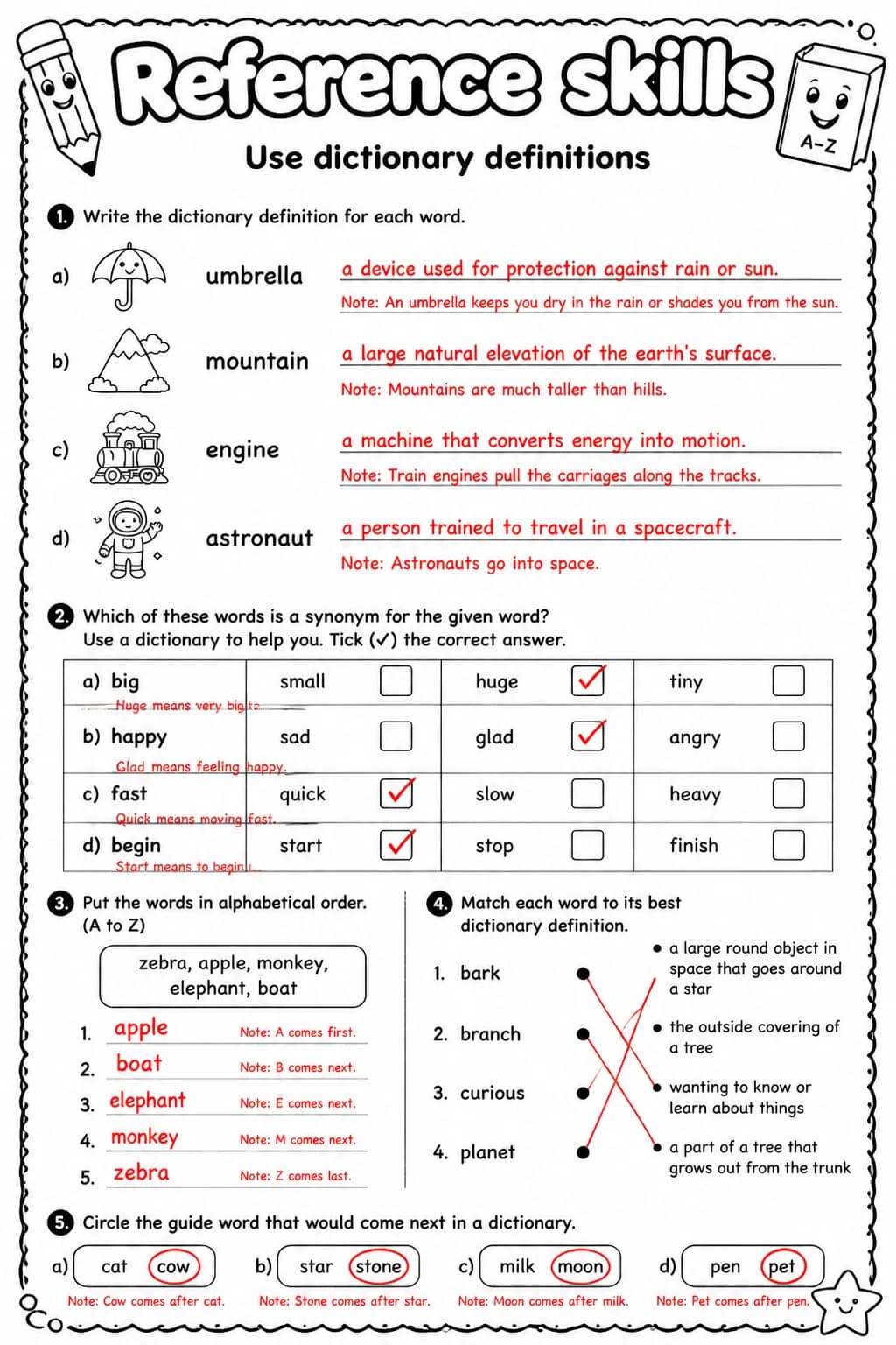 Answer key for Use dictionary definitions — free printable English & Reading worksheet