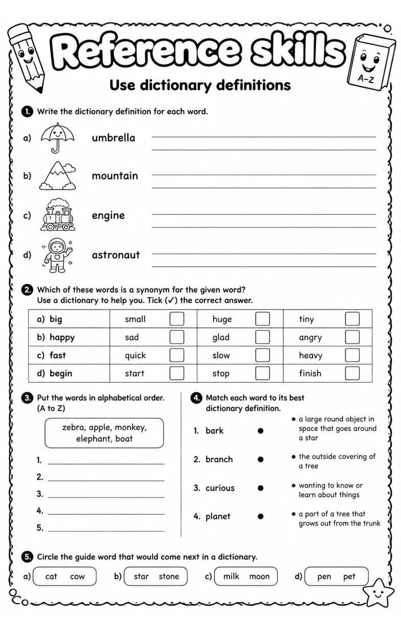 Use dictionary definitions — free printable Grade 3 English & Reading worksheet