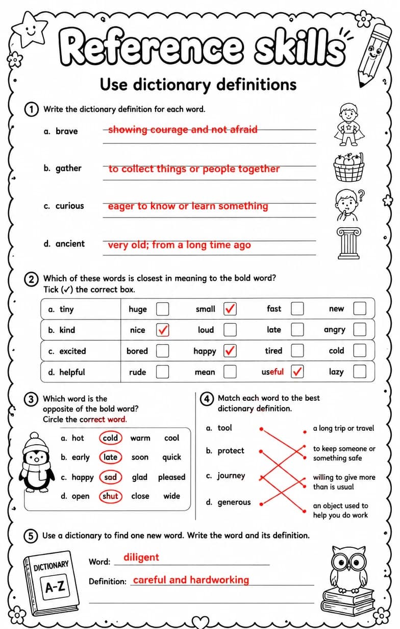 Answer key for Use dictionary definitions — free printable English & Reading worksheet