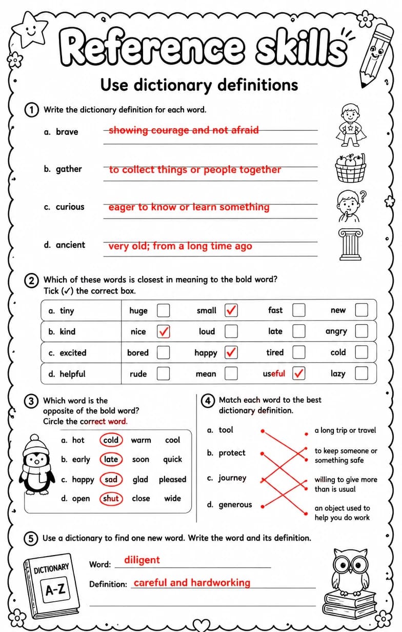 Answer key for Use dictionary definitions — free printable English & Reading worksheet