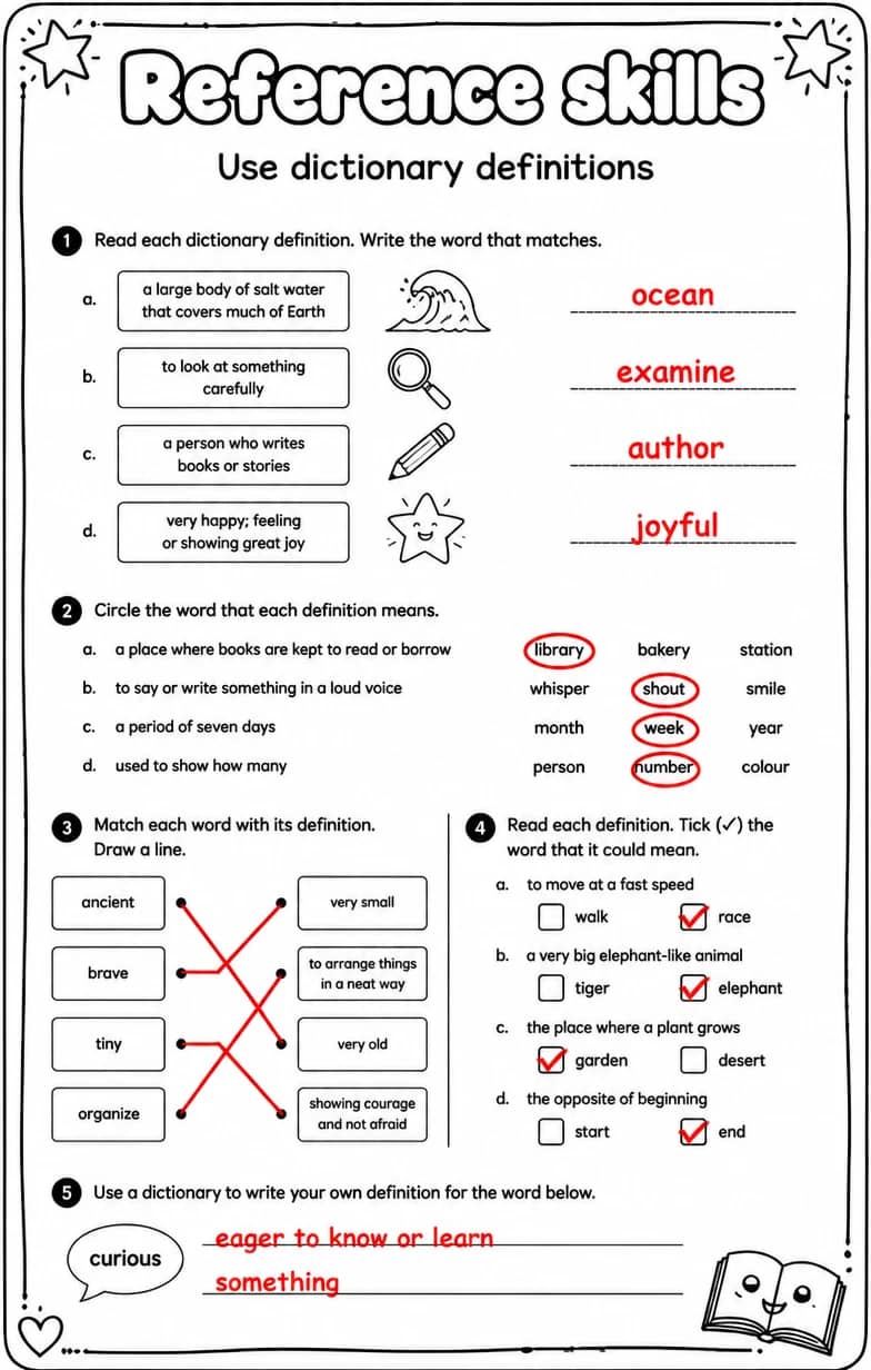 Answer key for Use dictionary definitions — free printable English & Reading worksheet