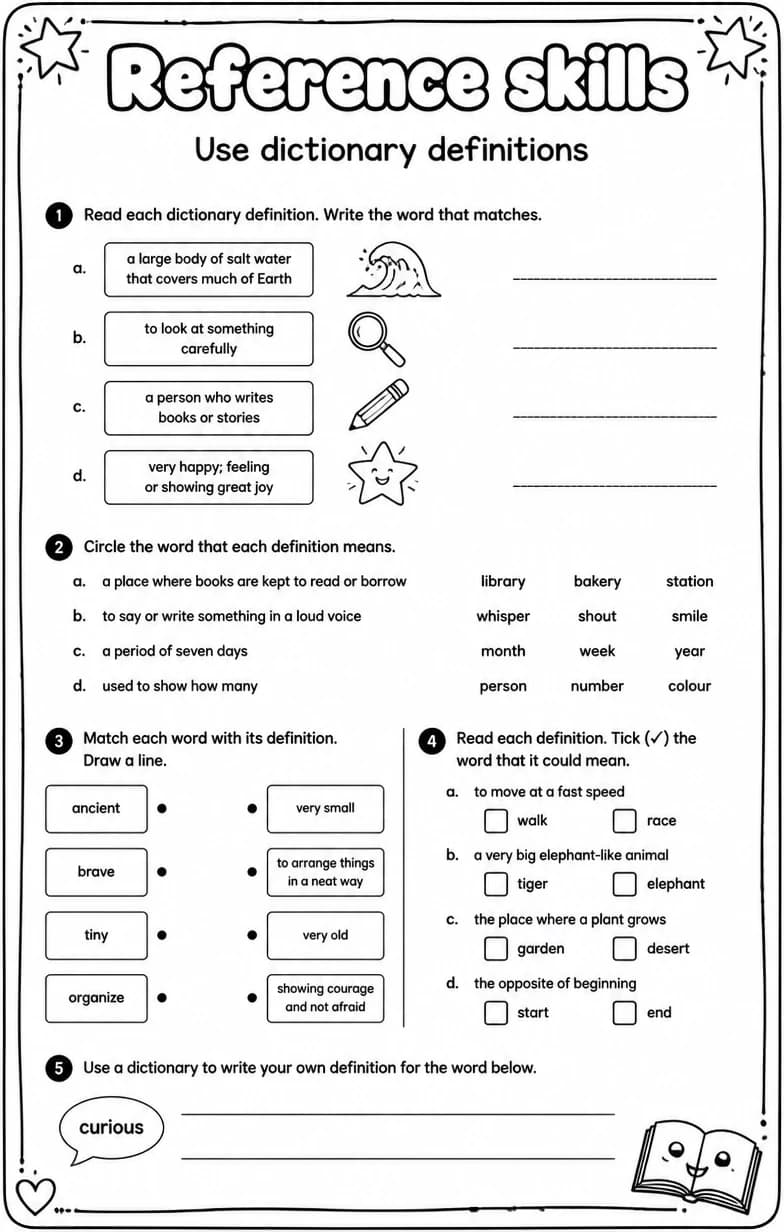 Use dictionary definitions — free printable Grade 5 English & Reading worksheet