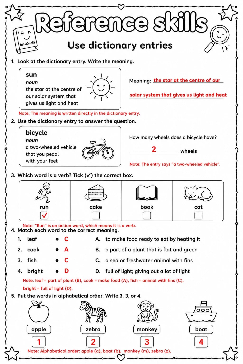 Answer key for Use dictionary entries — free printable English & Reading worksheet