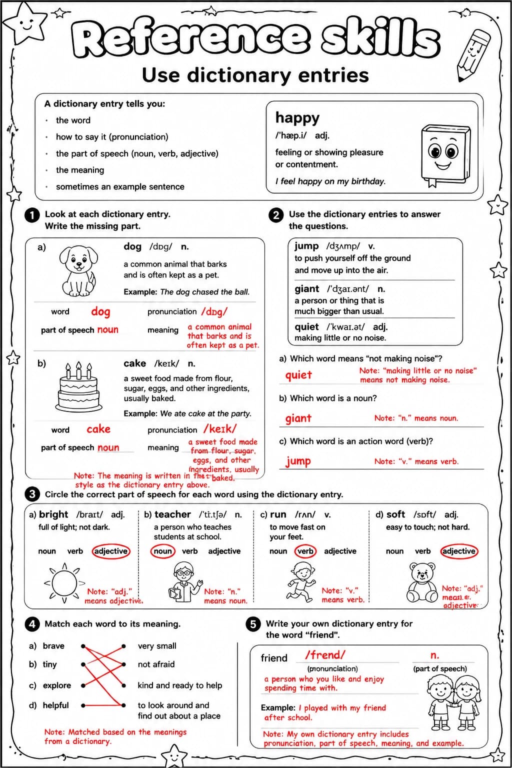Answer key for Use dictionary entries — free printable English & Reading worksheet
