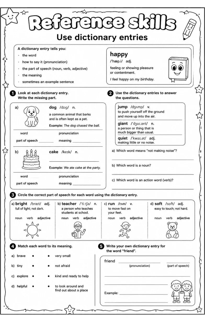 Use dictionary entries — free printable Grade 3 English & Reading worksheet