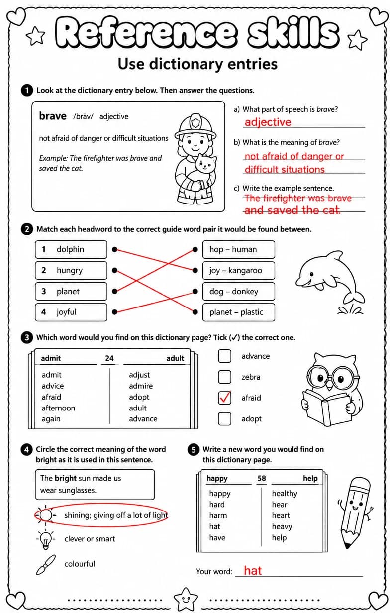 Answer key for Use dictionary entries — free printable English & Reading worksheet