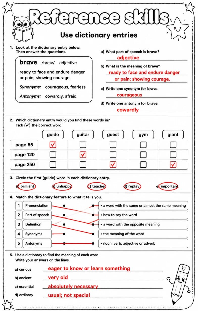 Answer key for Use dictionary entries — free printable English & Reading worksheet