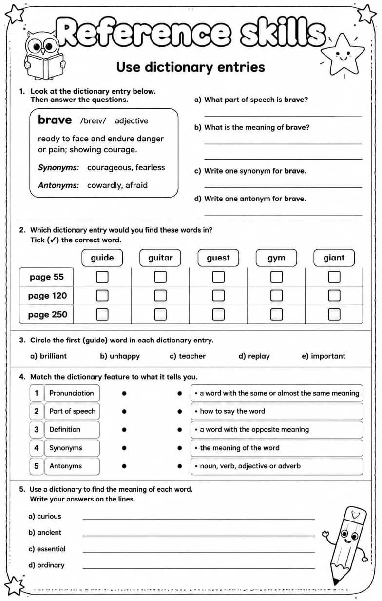 Use dictionary entries — free printable Vocabulary English worksheet