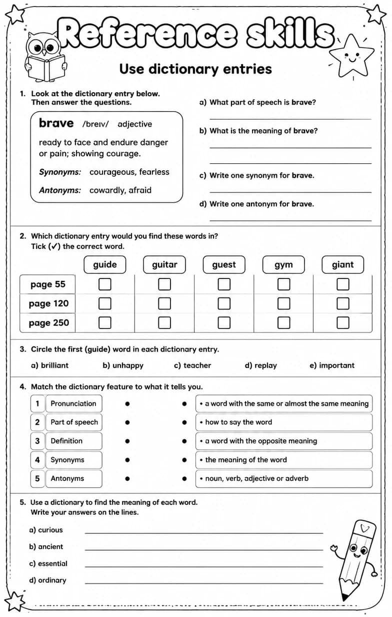 Use dictionary entries — free printable Grade 5 English & Reading worksheet