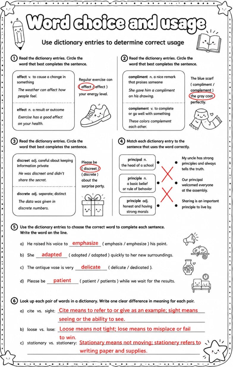 Answer key for Use dictionary entries to determine correct usage — free printable English & Reading worksheet