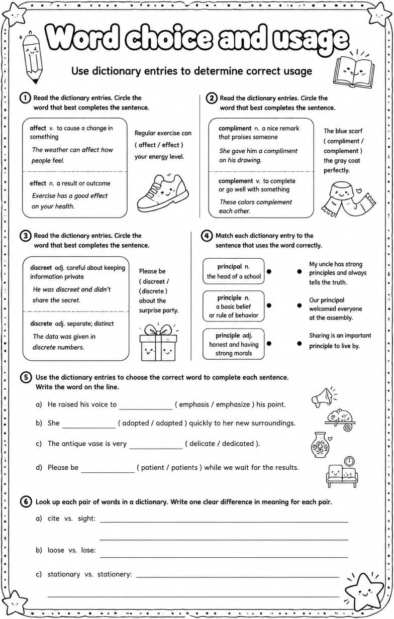 Use dictionary entries to determine correct usage — free printable Vocabulary English worksheet