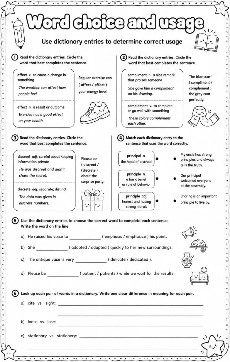 Use dictionary entries to determine correct usage — free printable Vocabulary English worksheet