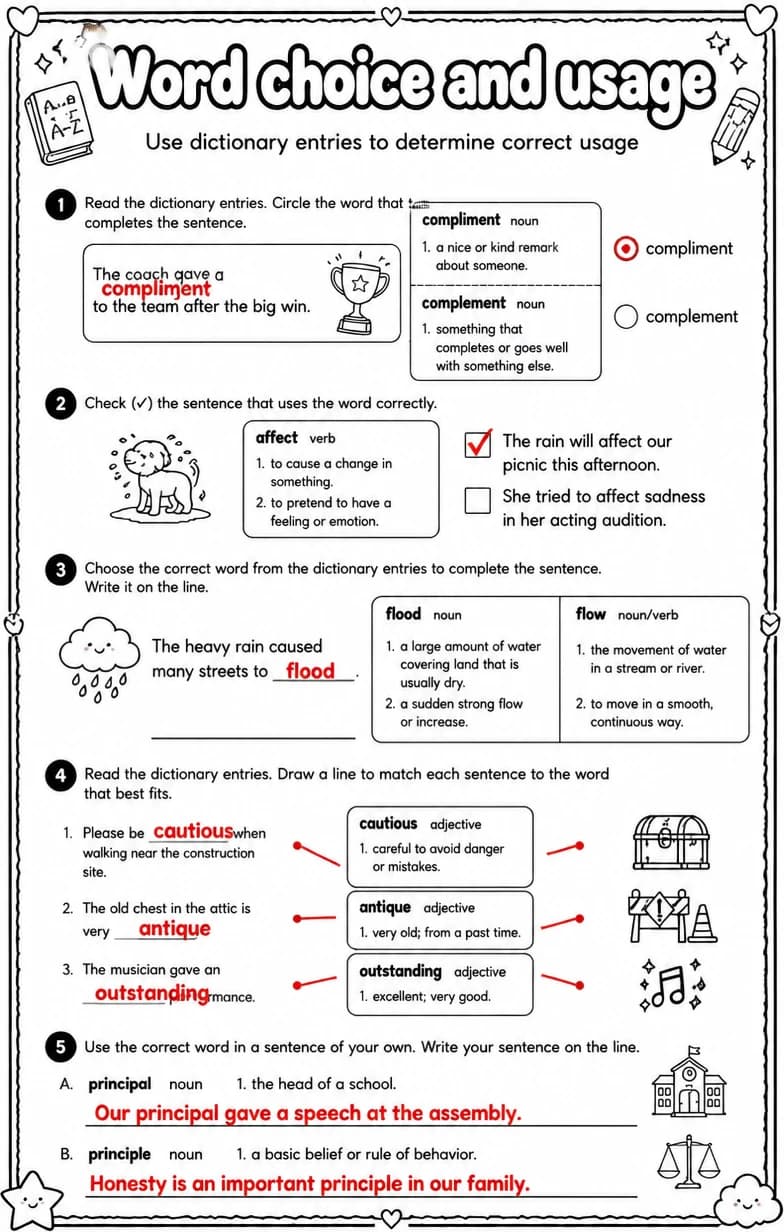 Answer key for Use dictionary entries to determine correct usage — free printable English & Reading worksheet