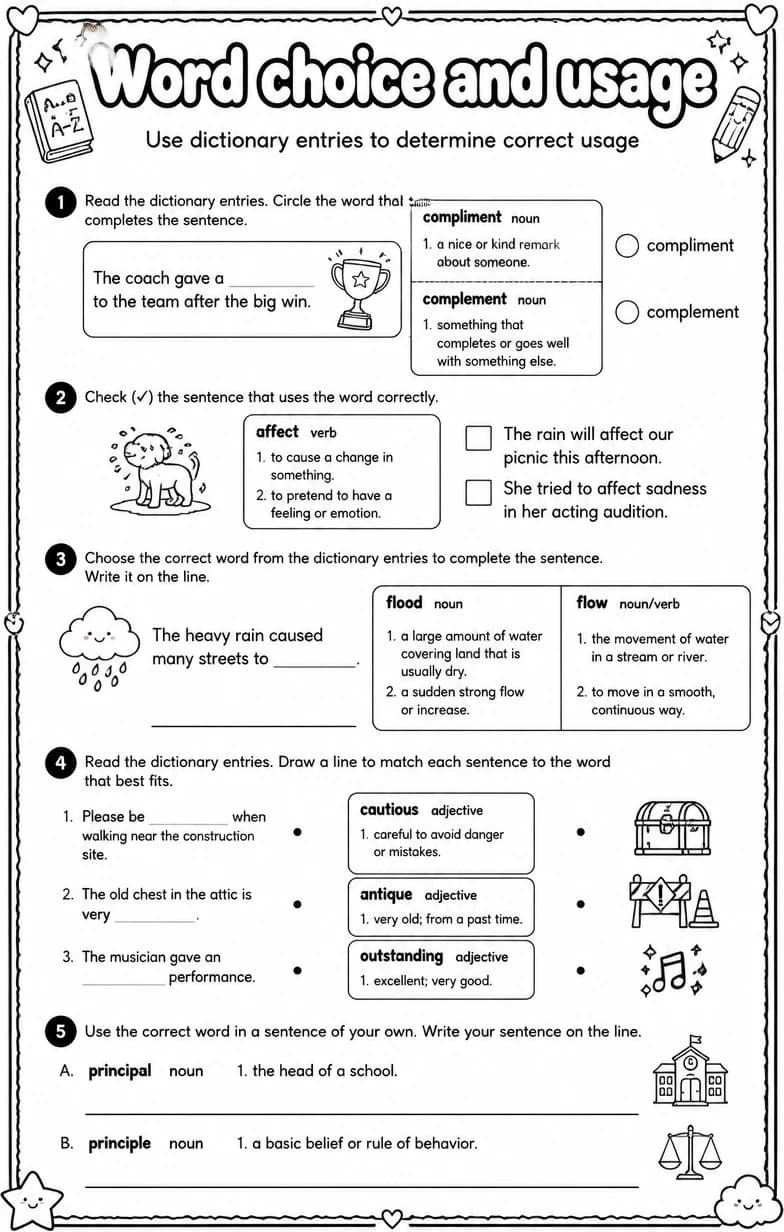 Use dictionary entries to determine correct usage — free printable Vocabulary English worksheet