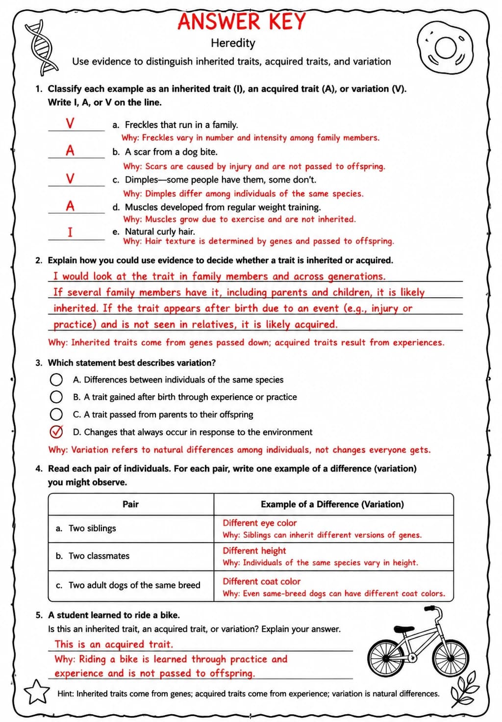 Answer key for Use evidence to distinguish inherited traits, acquired traits, and variation — free printable Science worksheet
