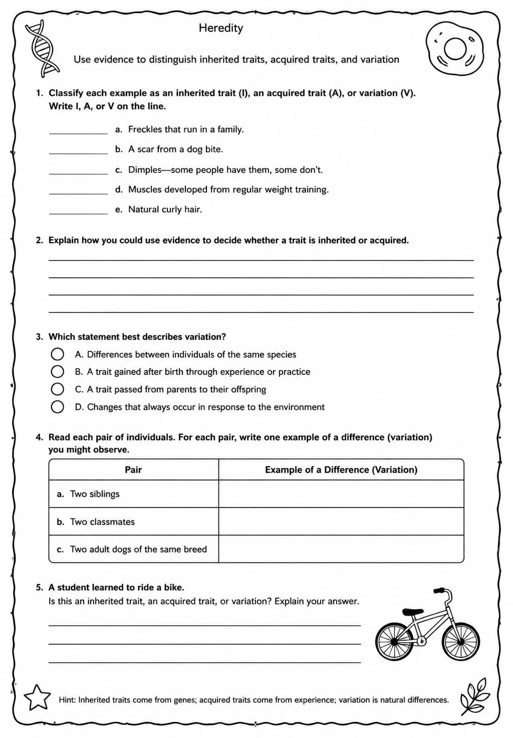 Use evidence to distinguish inherited traits, acquired traits, and variation — free printable High School Science worksheet