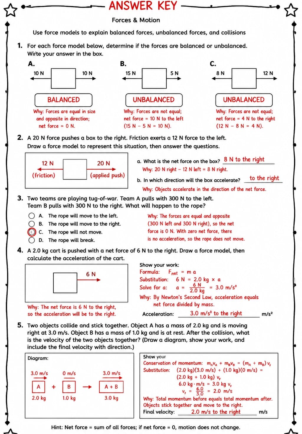 Answer key for Use force models to explain balanced forces, unbalanced forces, and collisions — free printable Science worksheet