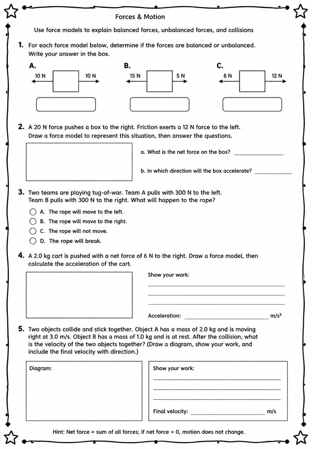 Use force models to explain balanced forces, unbalanced forces, and collisions — free printable High School Science worksheet