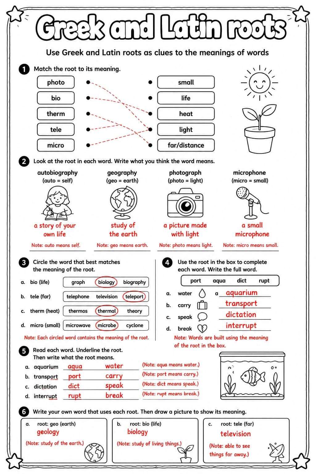 Answer key for Use Greek and Latin roots as clues to the meanings of words — free printable English & Reading worksheet