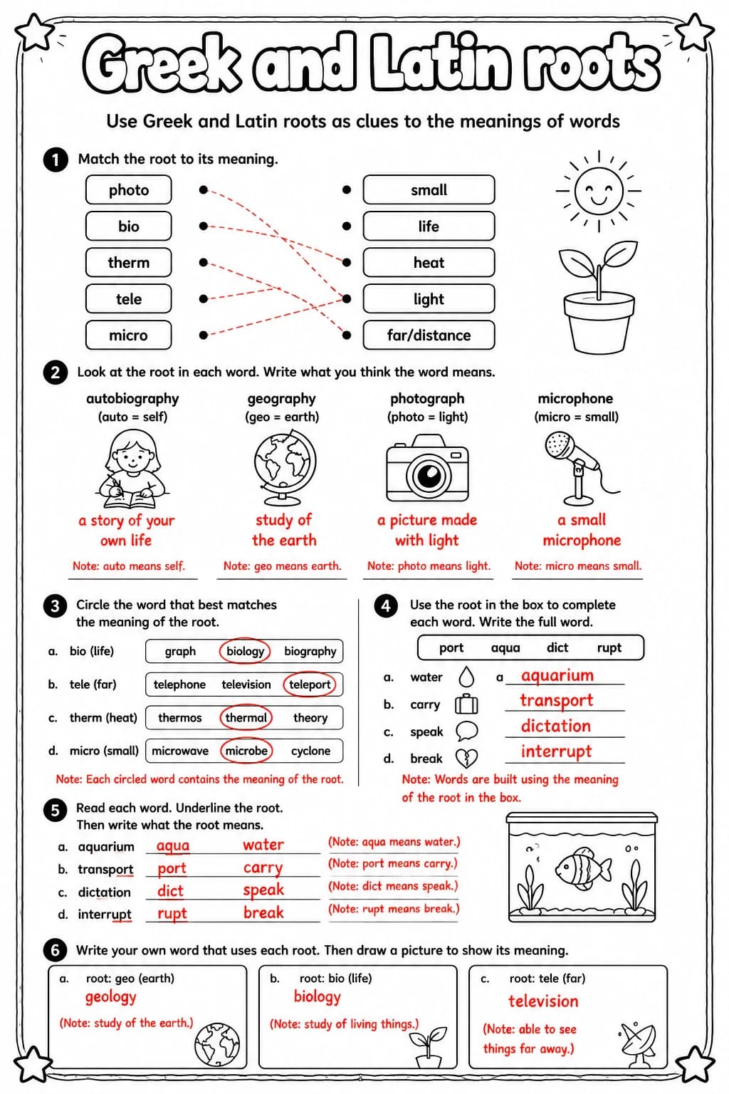 Answer key for Use Greek and Latin roots as clues to the meanings of words — free printable English & Reading worksheet