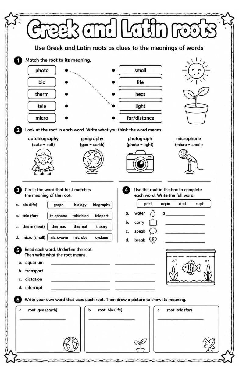 Use Greek and Latin roots as clues to the meanings of words — free printable Grade 3 English & Reading worksheet