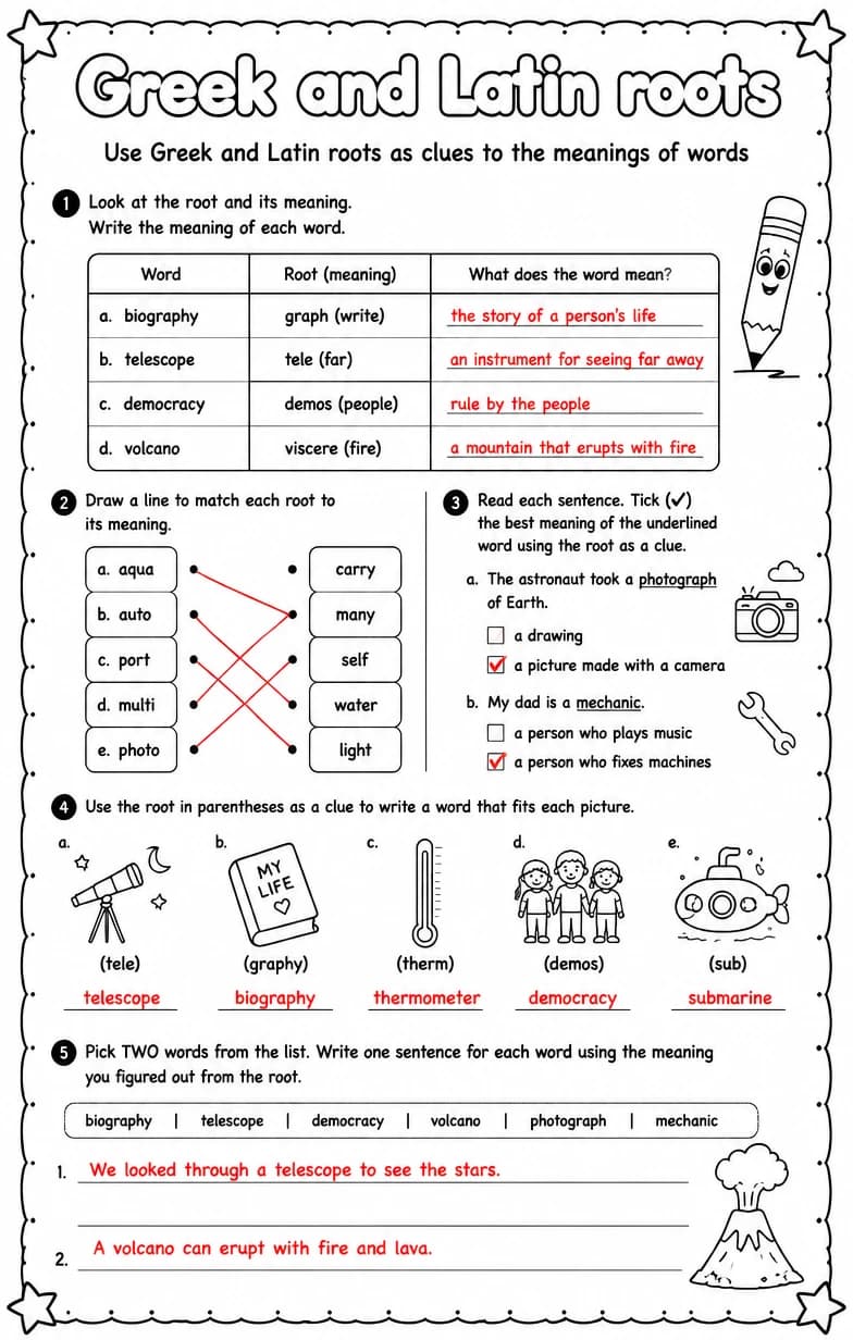 Answer key for Use Greek and Latin roots as clues to the meanings of words — free printable English & Reading worksheet
