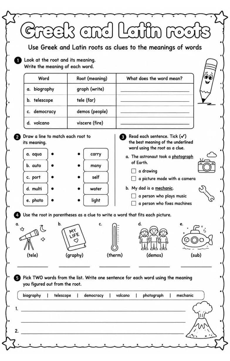 Use Greek and Latin roots as clues to the meanings of words — free printable Vocabulary English worksheet