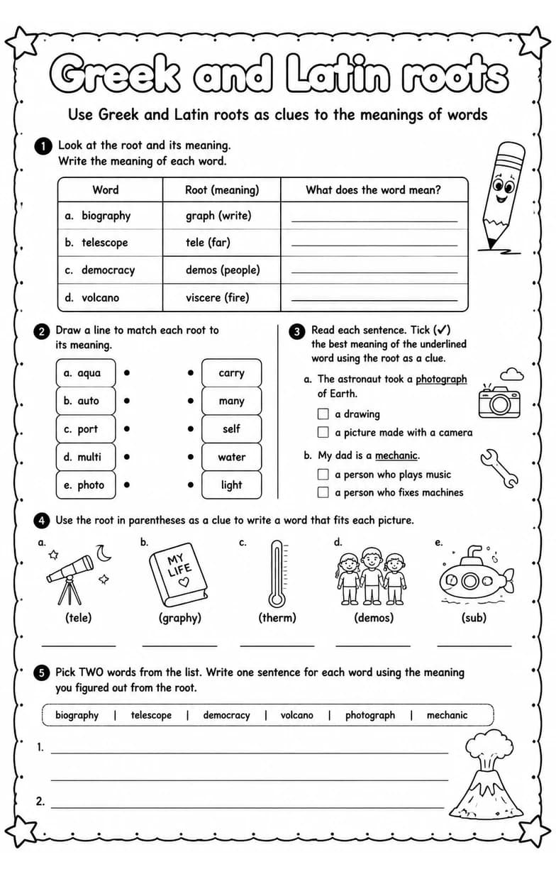 Use Greek and Latin roots as clues to the meanings of words — free printable Vocabulary English worksheet