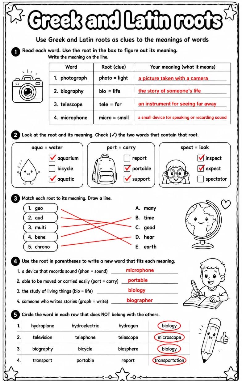 Answer key for Use Greek and Latin roots as clues to the meanings of words — free printable English & Reading worksheet