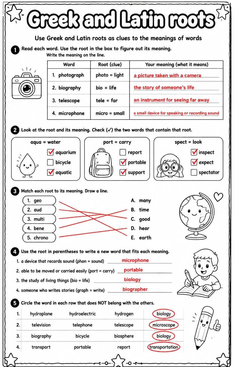 Answer key for Use Greek and Latin roots as clues to the meanings of words — free printable English & Reading worksheet