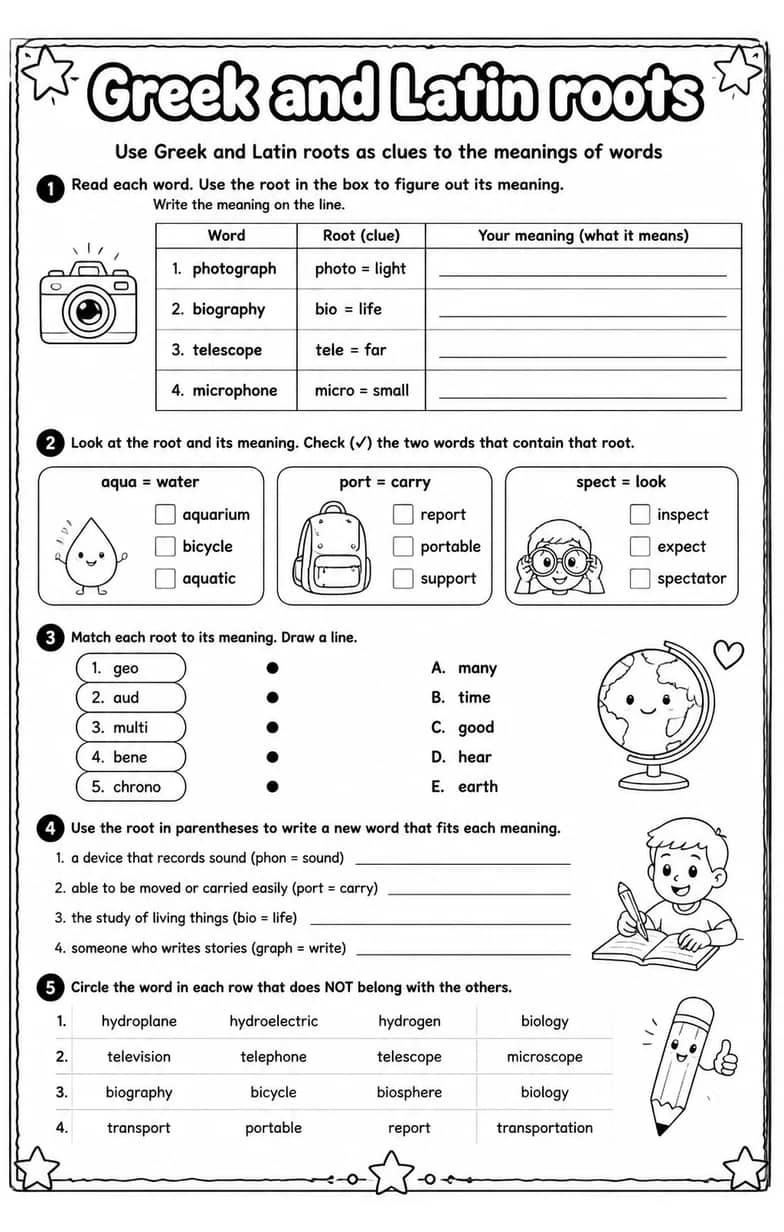 Use Greek and Latin roots as clues to the meanings of words — free printable Vocabulary English worksheet