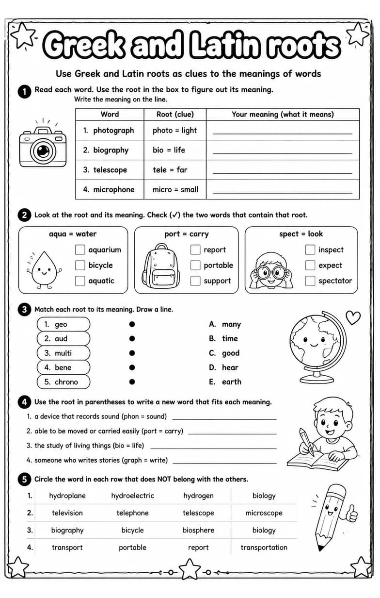 Use Greek and Latin roots as clues to the meanings of words — free printable Grade 5 English & Reading worksheet