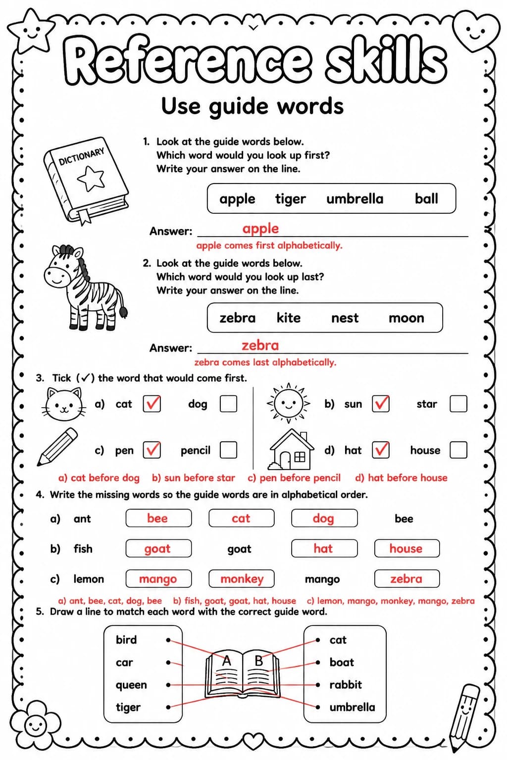 Answer key for Use guide words — free printable English & Reading worksheet