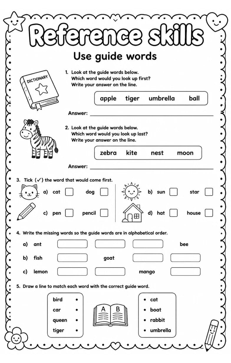 Use guide words — free printable Grade 2 English & Reading worksheet