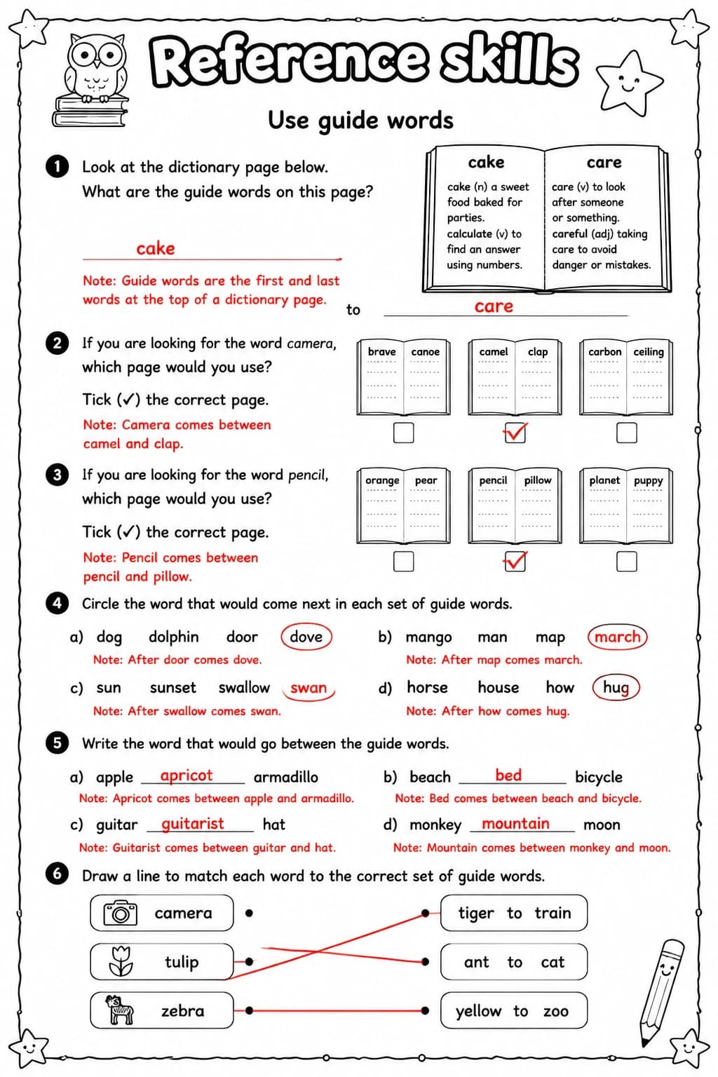 Answer key for Use guide words — free printable English & Reading worksheet