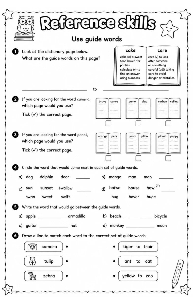 Use guide words — free printable Grade 3 English & Reading worksheet