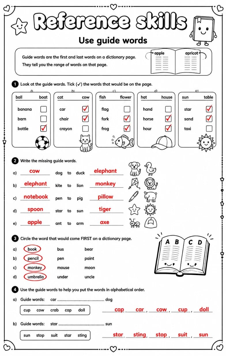 Answer key for Use guide words — free printable English & Reading worksheet