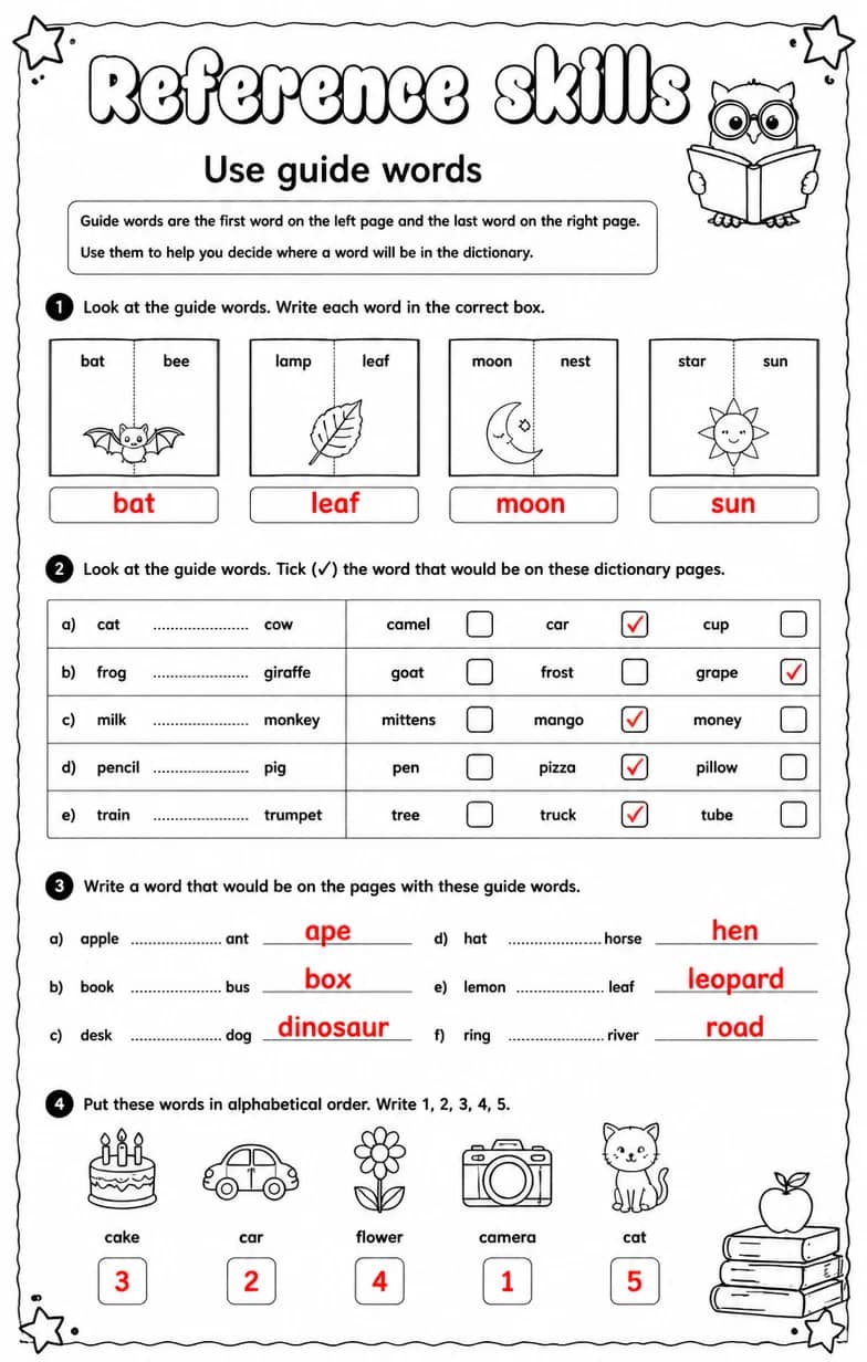 Answer key for Use guide words — free printable English & Reading worksheet