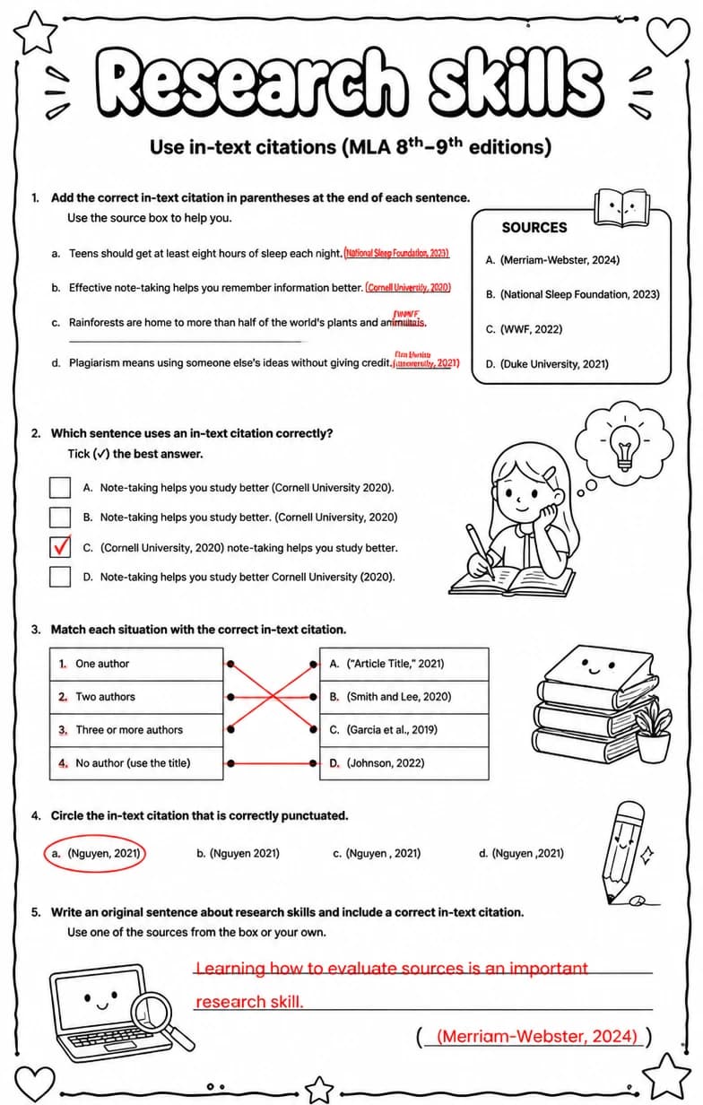 Answer key for Use in-text citations (MLA 8th–9th editions) — free printable English & Reading worksheet