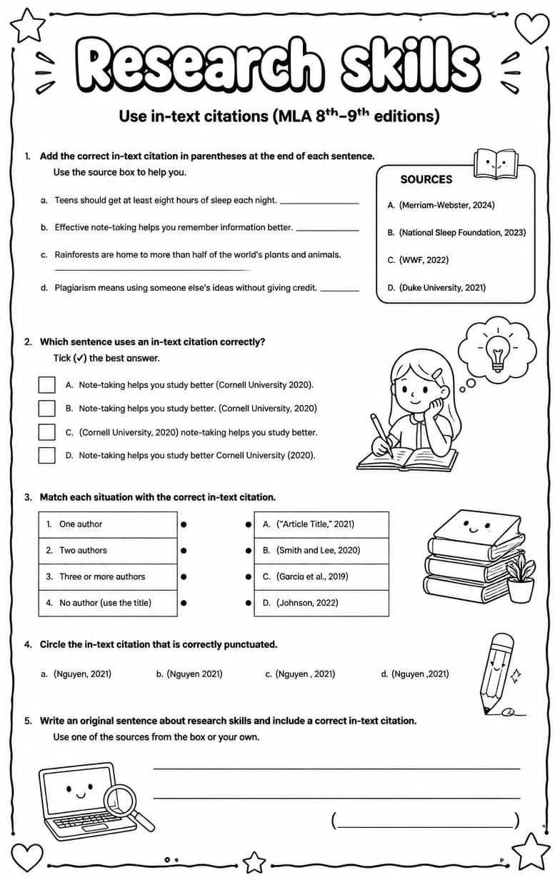 Use in-text citations (MLA 8th–9th editions) — free printable Writing strategies English worksheet