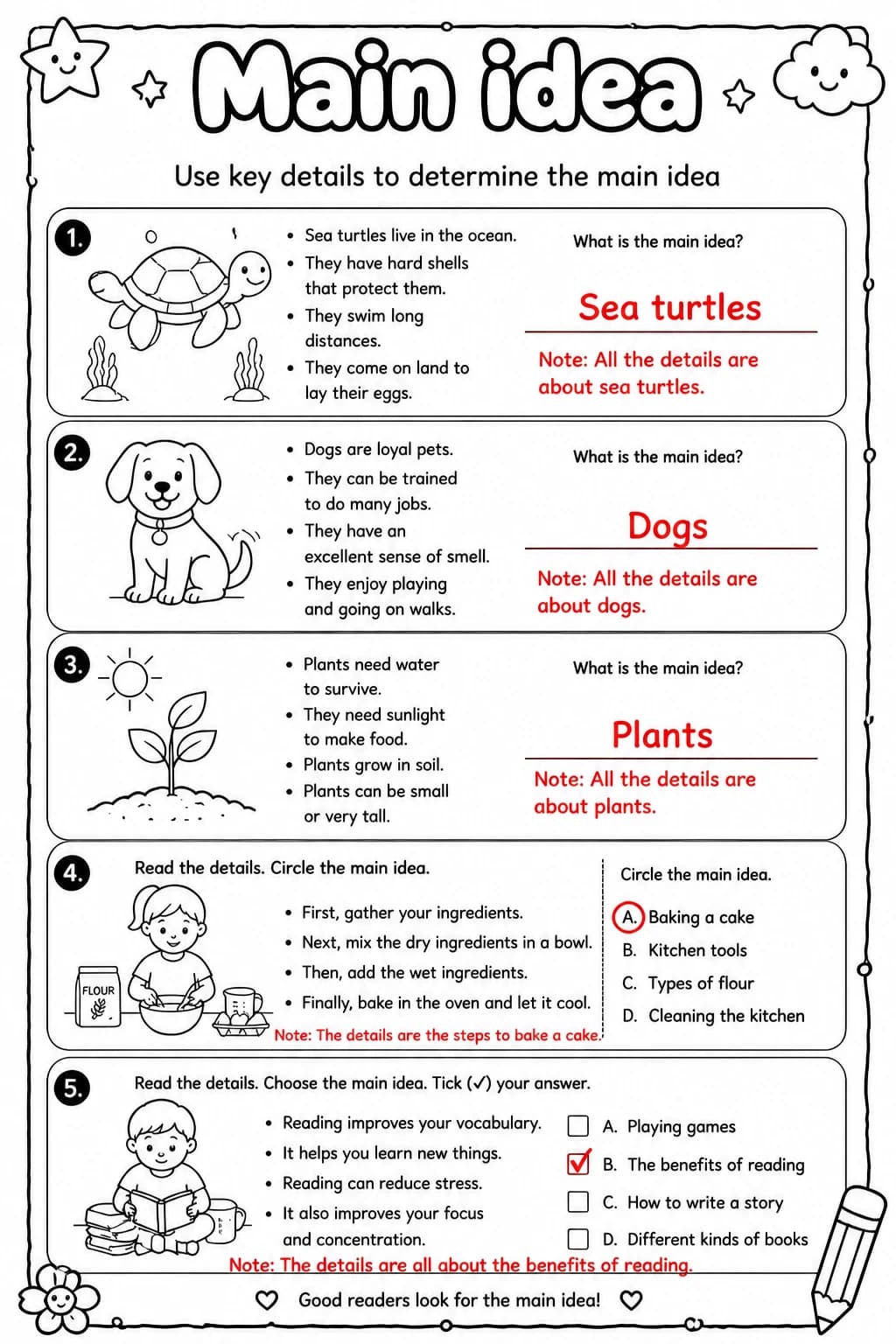Answer key for Use key details to determine the main idea — free printable English & Reading worksheet