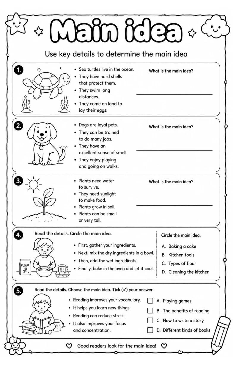 Use key details to determine the main idea — free printable Reading strategies English worksheet