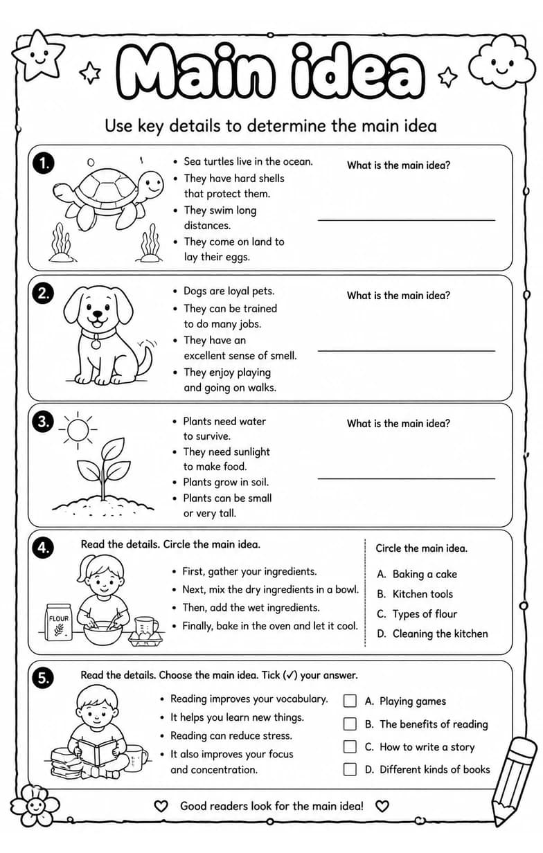Use key details to determine the main idea — free printable Grade 3 English & Reading worksheet
