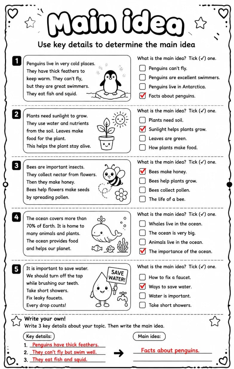 Answer key for Use key details to determine the main idea — free printable English & Reading worksheet