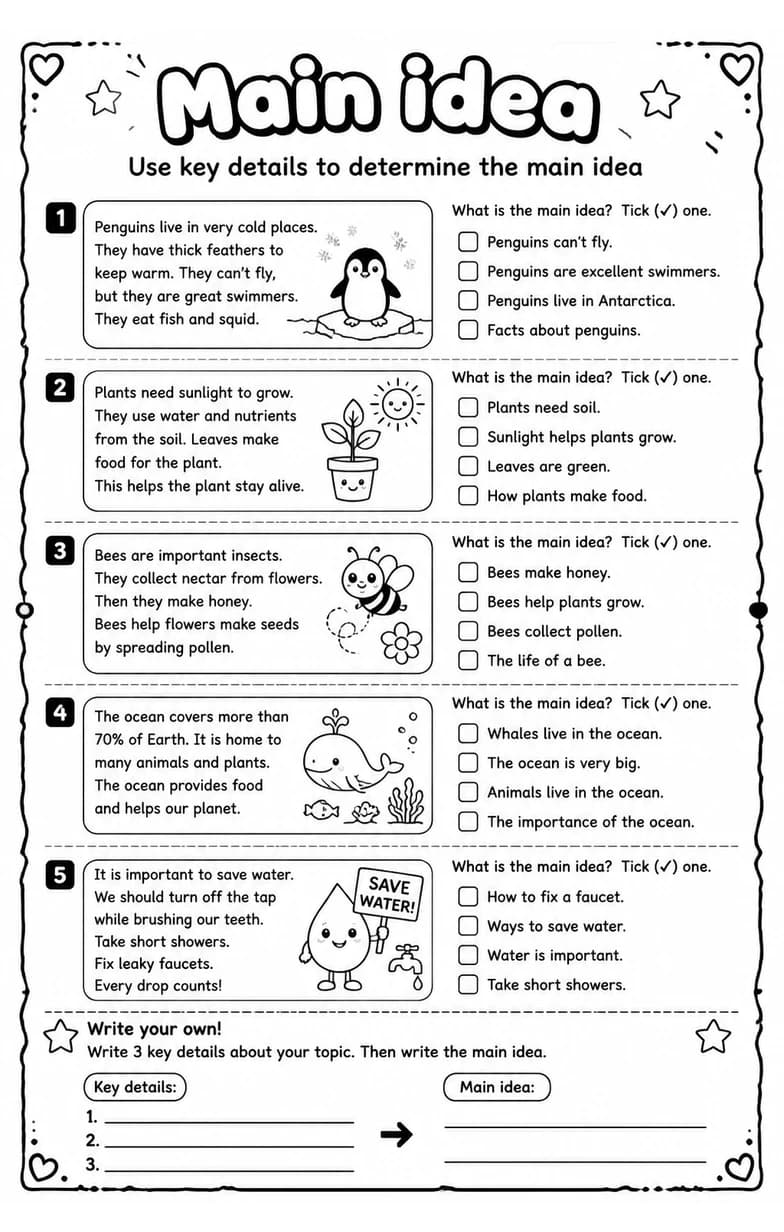 Use key details to determine the main idea — free printable Reading strategies English worksheet