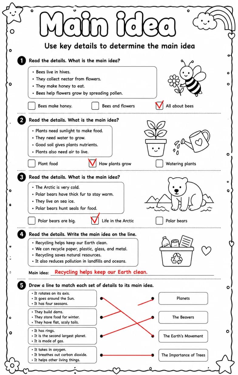 Answer key for Use key details to determine the main idea — free printable English & Reading worksheet